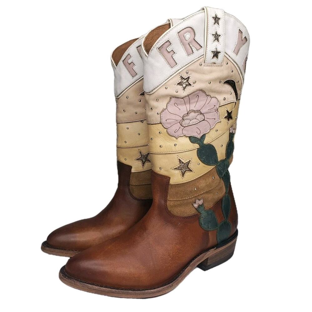 FRYE Billy CACTUS Boots Size 7.5 Multi Color Leather RARE Western Cowgirl